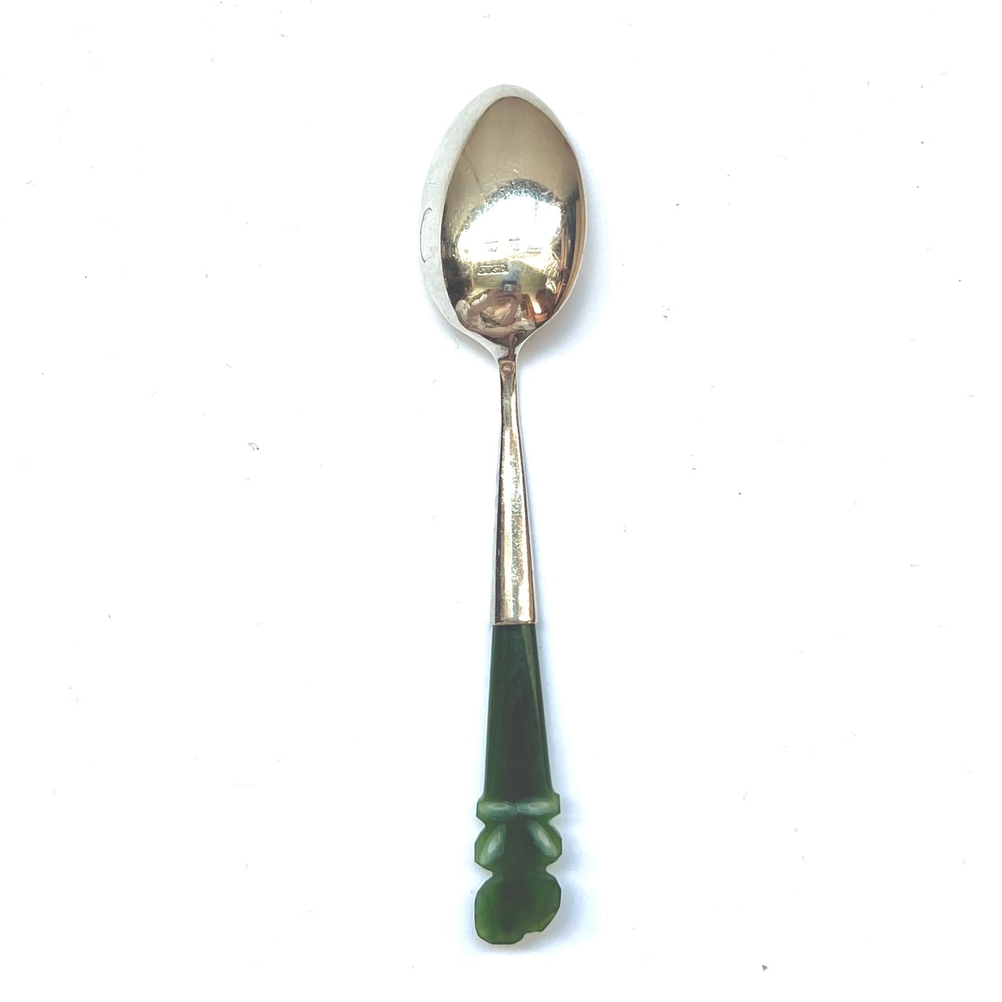 Antique New Zealand sterling silver and nephrite tea spoon, marks for Birmingham, James Swann & Son