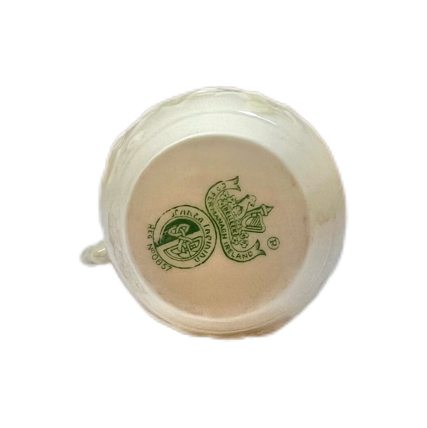 Vintage Belleek Ivy and Berry creamer jug with rope twist handle, 5th mark circa 1955-1965.