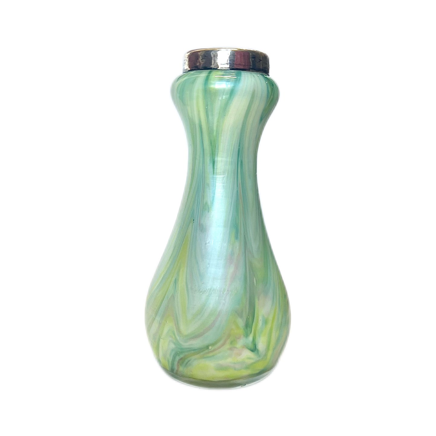 Antique George V favrile glass posy vase with sterling silver mount