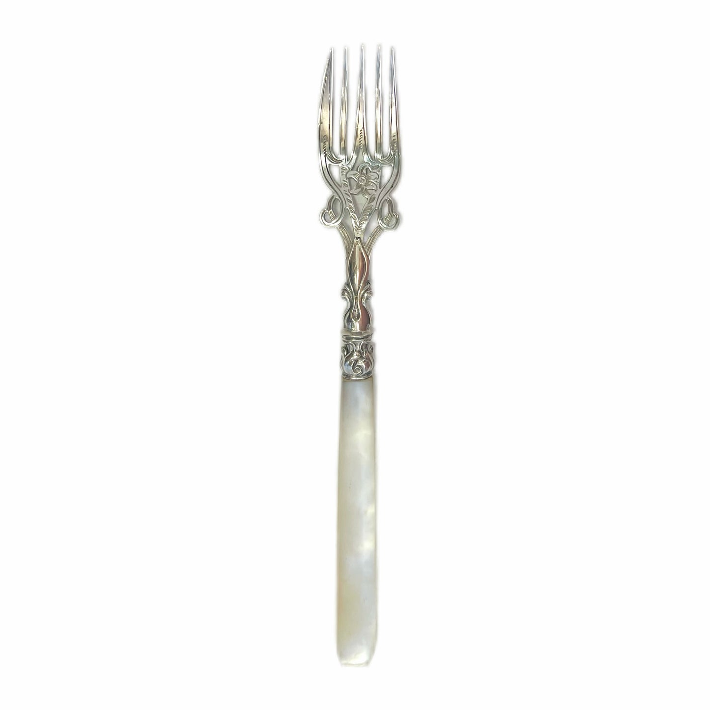 High Victorian sterling silver and mother of pearl pickle fork