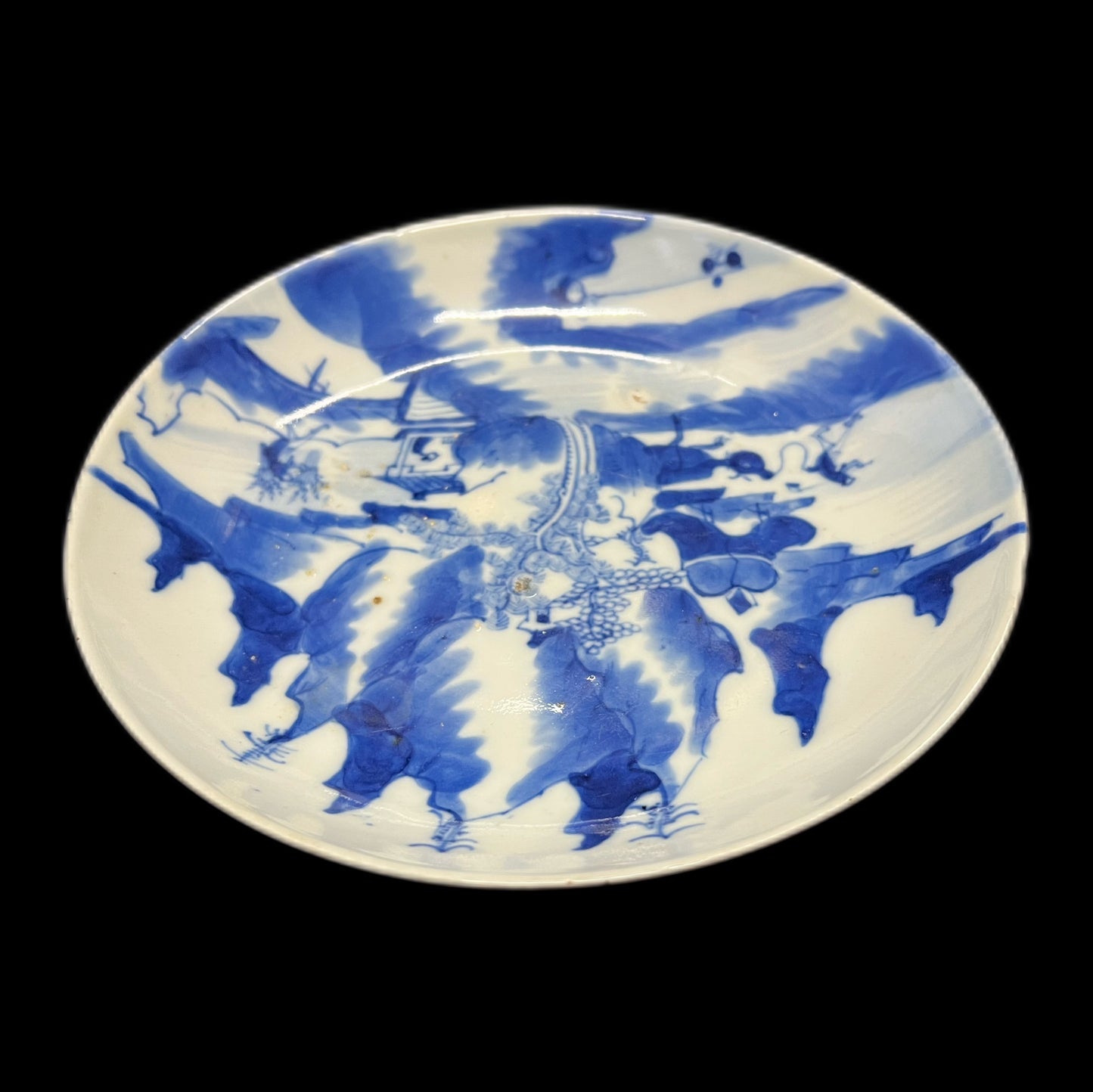 Early 18th century Kangxi period mountain landscape motif dish (restored)
