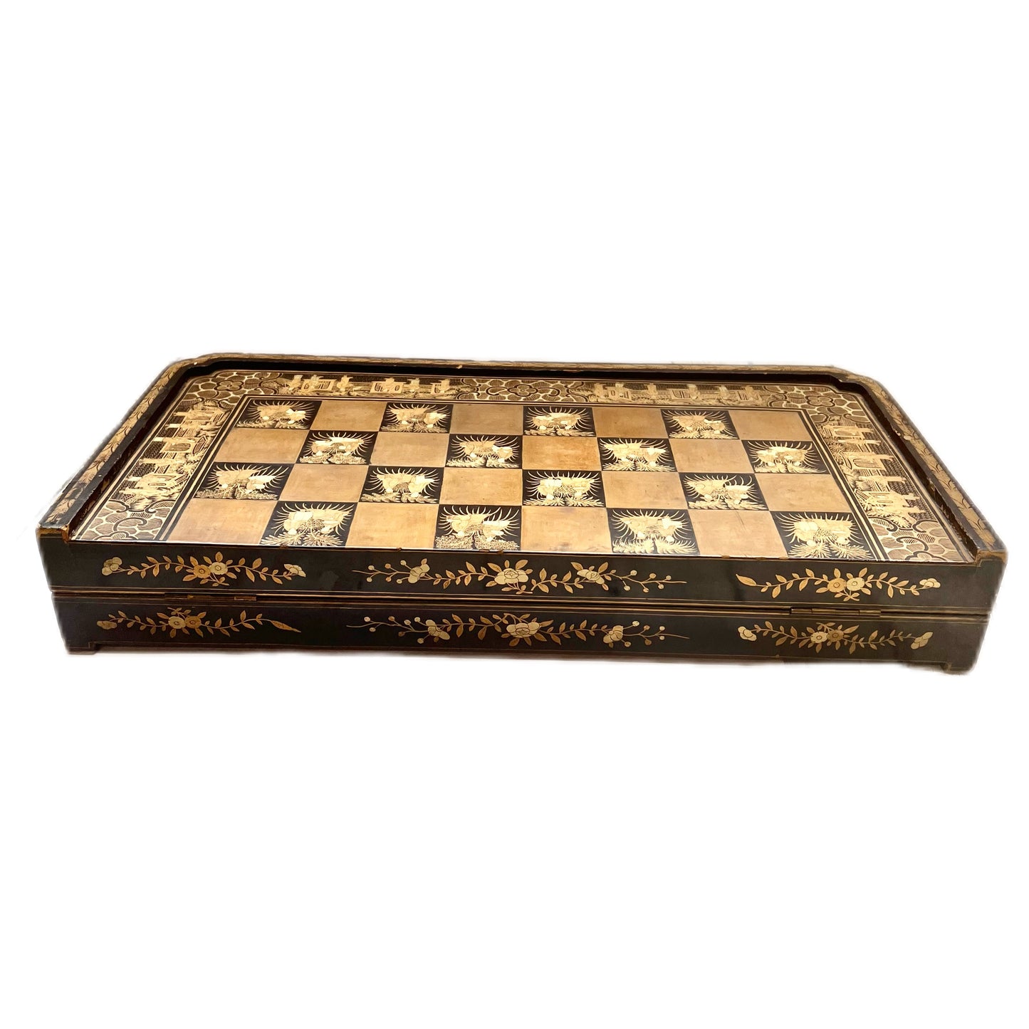 19th century lacquer and ivory Chinese export folding chessboard and backgammon gaming box