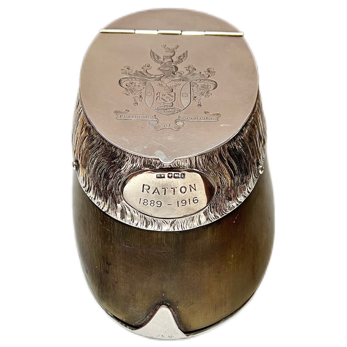 Antique rare sterling silver racehorse hoof "Ratton" inkwell with original glass liner, Sheffield, 1927, Henry Wigfull
