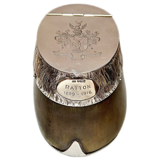Antique rare sterling silver racehorse hoof "Ratton" inkwell with original glass liner, Sheffield, 1927, Henry Wigfull