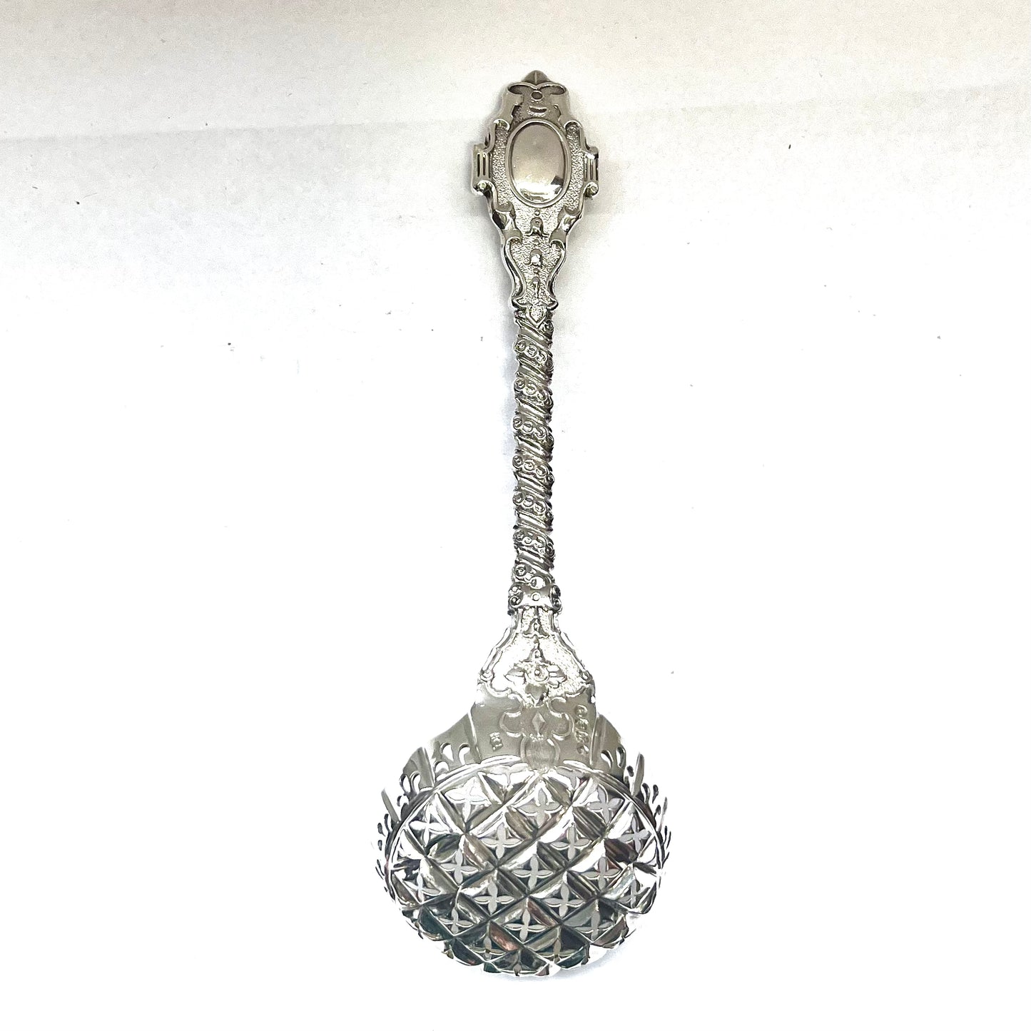 Victorian sterling silver sugar sifter spoon with marks for London, 1867, Francis Higgins II