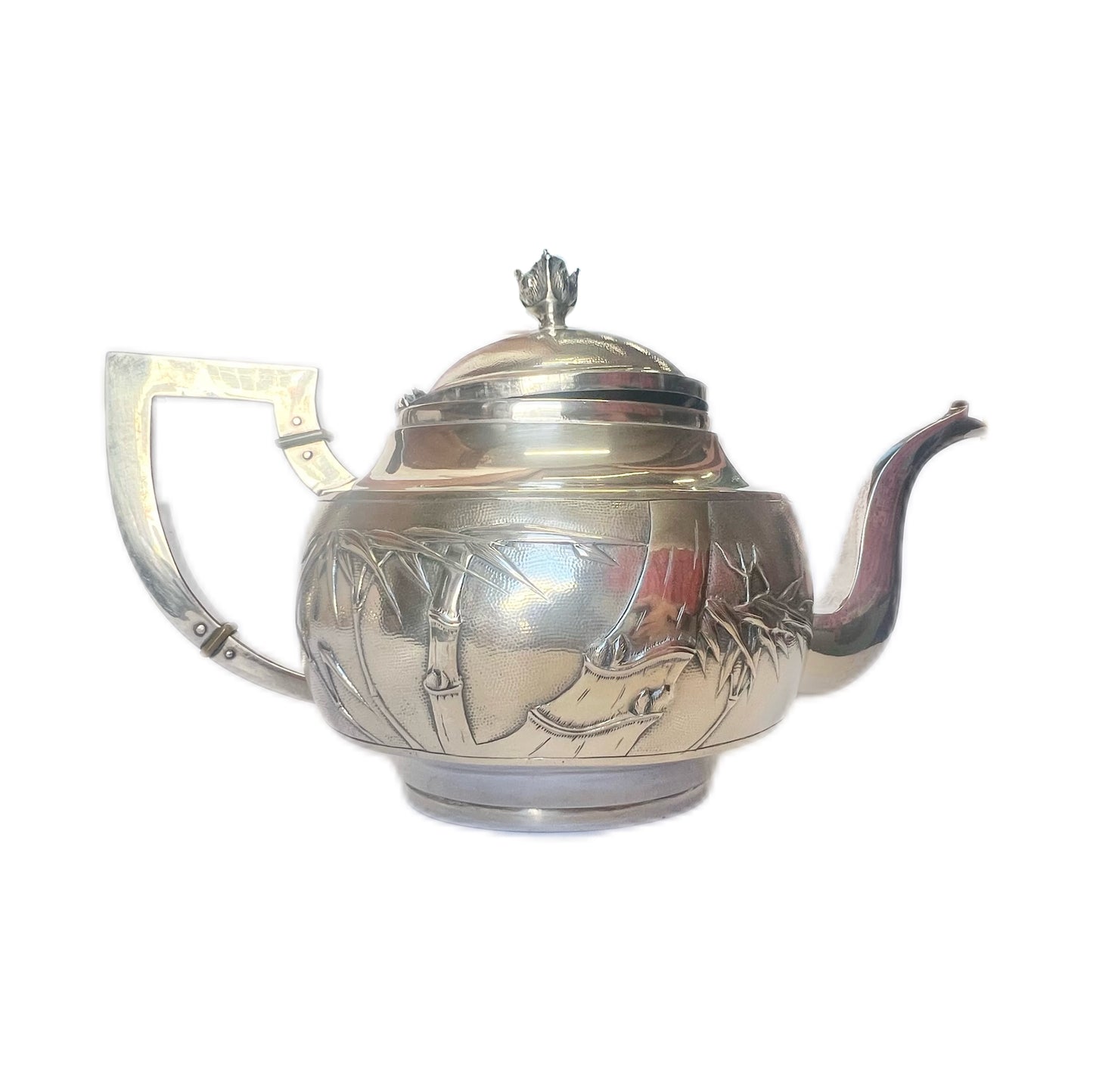 Near antique Chinese export silver 3 piece tea set with rosewood tray, estate of Shanghai Police Supt. Lovell