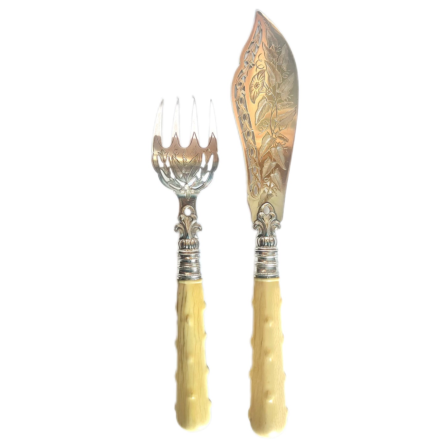 High Victorian sterling silver and ivory fish servers, Hilliard and Thomason