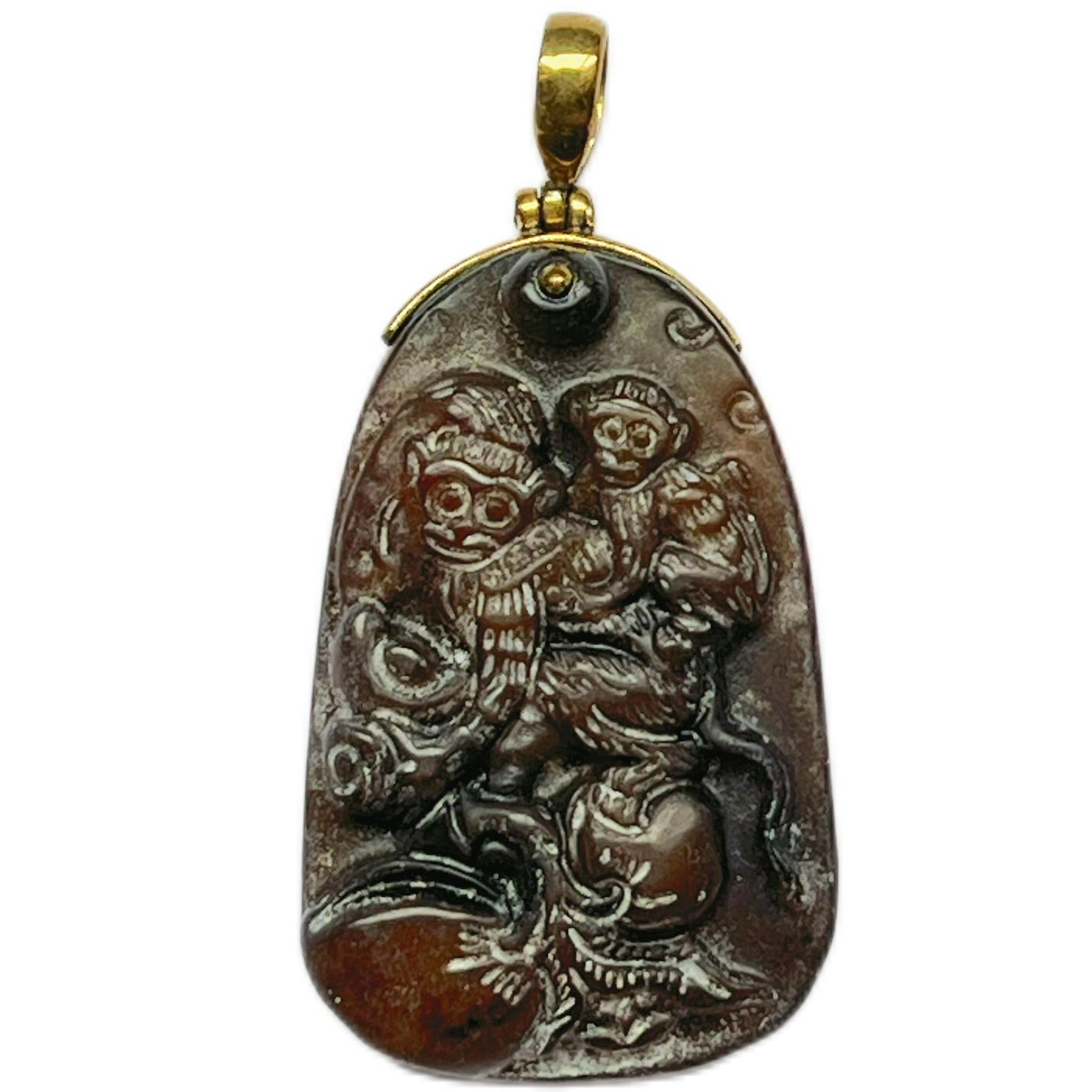 Vintage Chinese nephrite jade pendant, twin monkeys stealing peaches