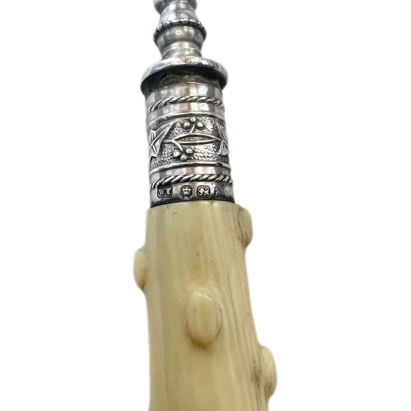 Late Victorian silver-plated and ivory faux coral handled serving fork with sterling silver ferrule by William Yates