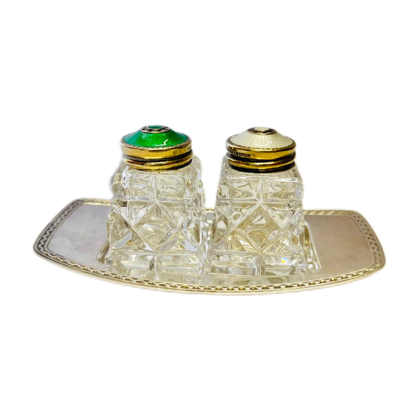 David Andersen enamel and silver silver salt and pepper shakers with silver-plated tray