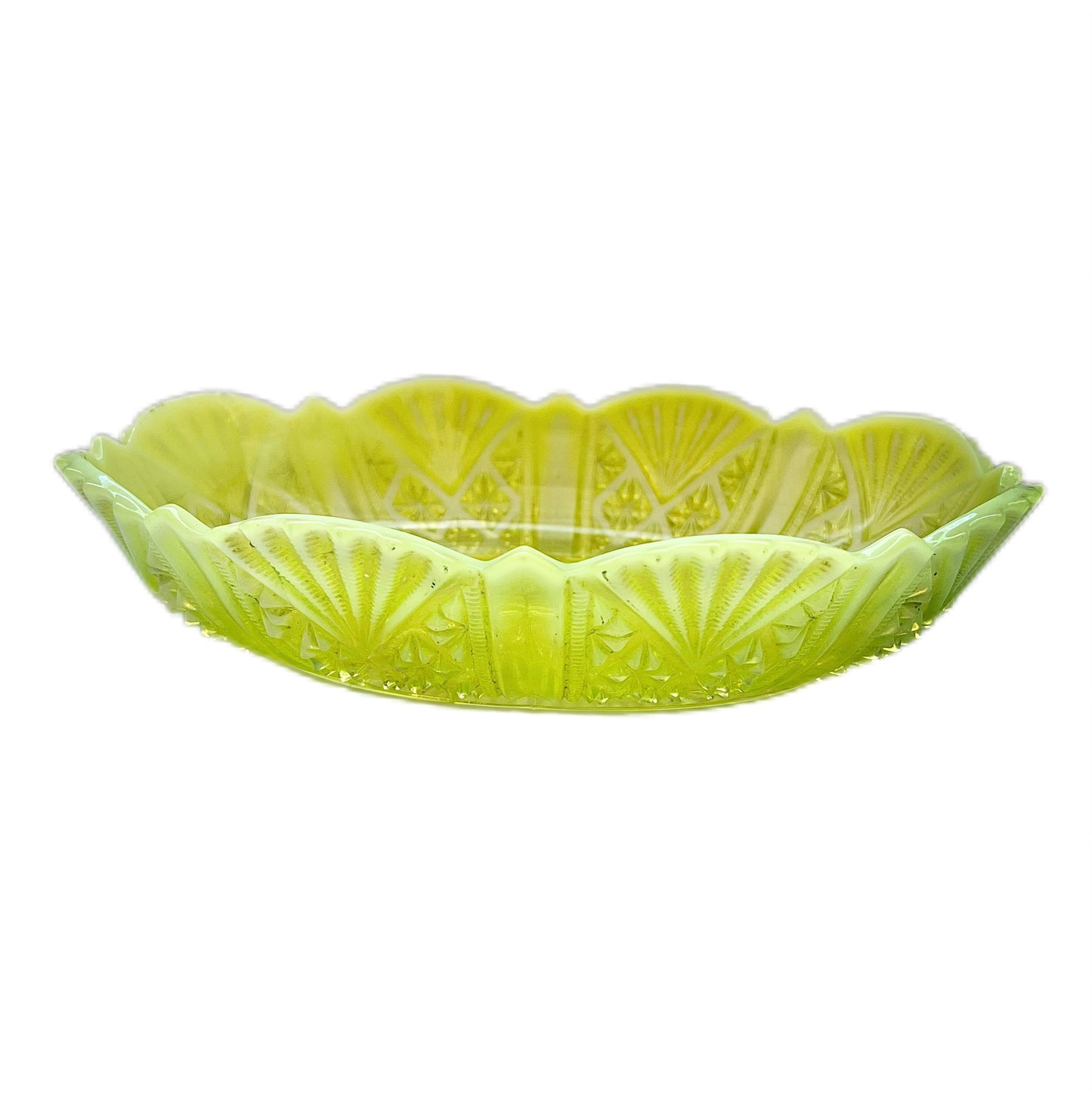 Stunning late Victorian uranium yellow vaseline glass dish circa 1890s to 1900s