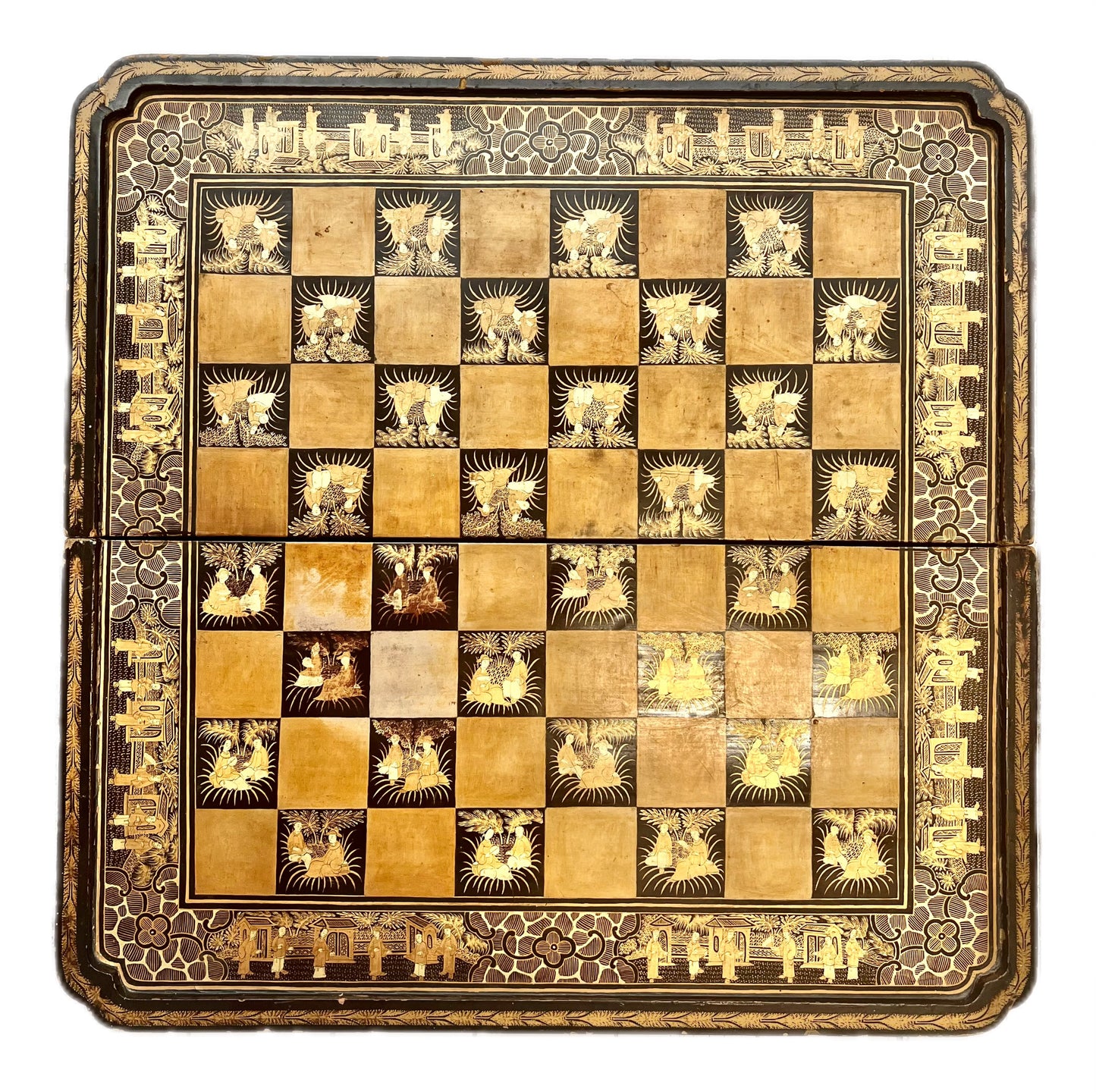 19th century lacquer and ivory Chinese export folding chessboard and backgammon gaming box