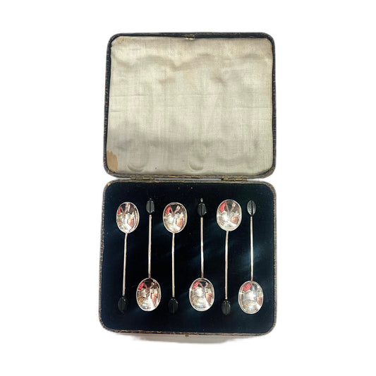 6 George V sterling silver coffee spoons with bakelite coffee bean finials and original set