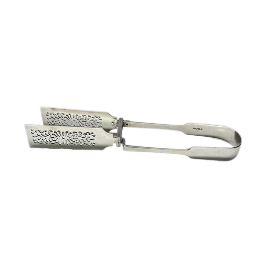 Antique high Victorian sterling silver tongs with pierced pattern and marks for Chawner &amp; Co., London, 1855