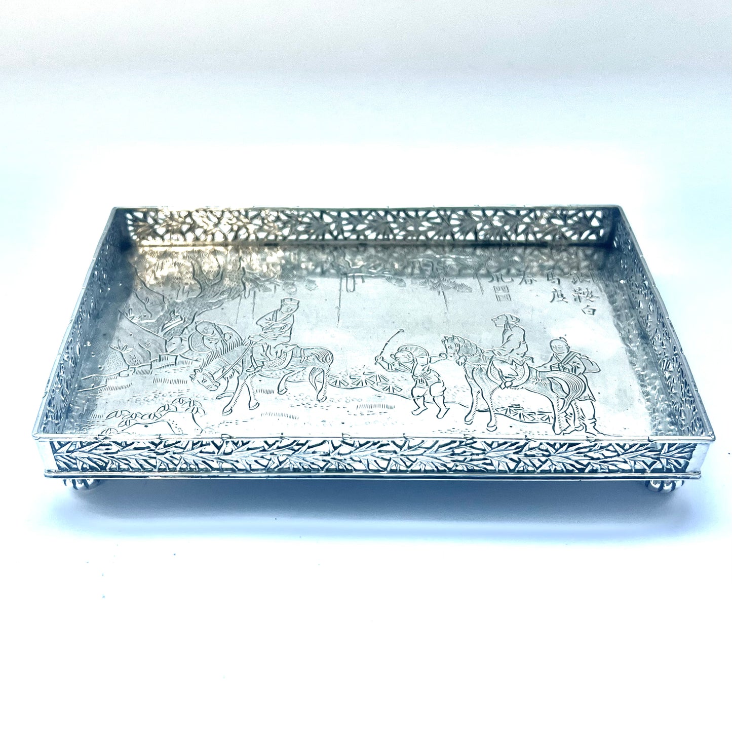 Late Qing Chinese export silver galleried trinket tray by Zhao Chang for Wang Hing, inscribed with poem by Li Bai