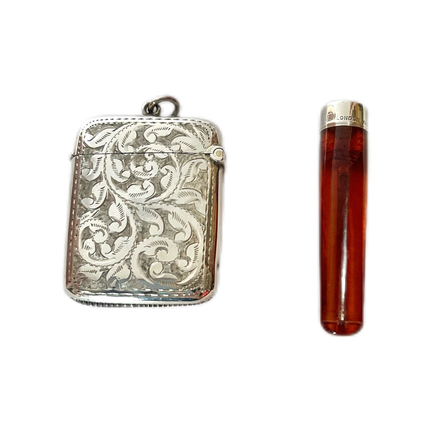 Antique English sterling silver vesta case and cigarette holder set in original case