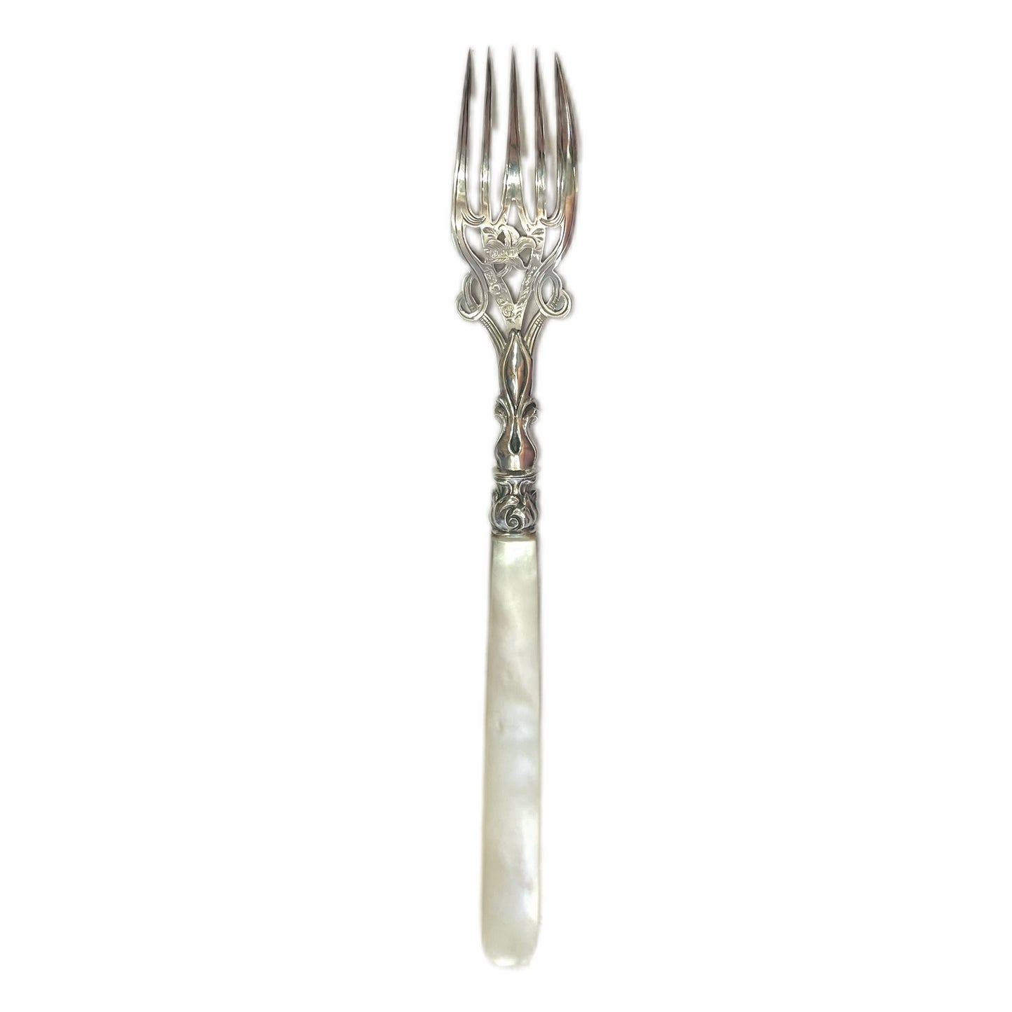 High Victorian sterling silver and mother of pearl pickle fork