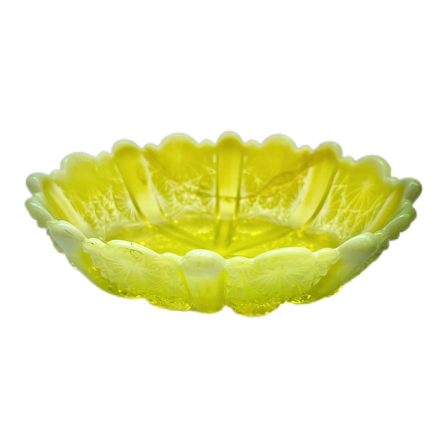 Absolutely stunning late Victorian uranium yellow vaseline glass dish circa 1890s to 1900s