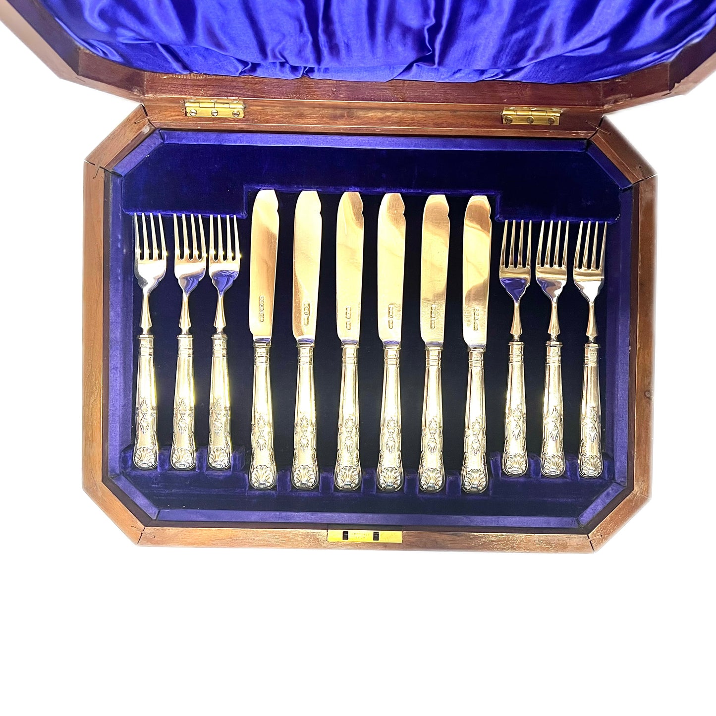Antique Edwardian 24 piece cased set of Kings Pattern sterling silver fish servers, James Dixon & Sons