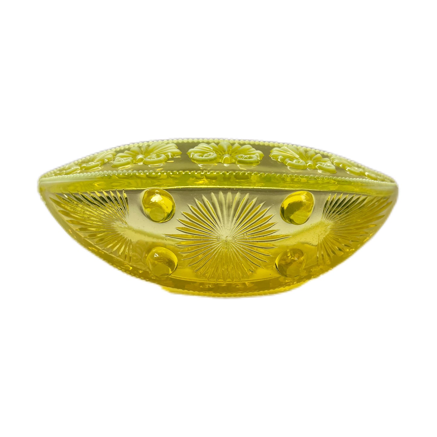 Late Victorian uranium yellow Primrose Pearline glass "War of the Roses" pattern boat shaped bowl