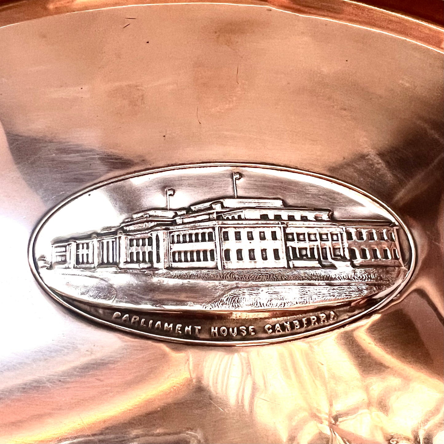 Vintage near antique Canberra Parliament House commemorative copper tray by Joseph Sankey & Sons circa 1927