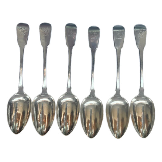 Antique George III Regency set of 6 sterling silver table spoons, Streete family crest