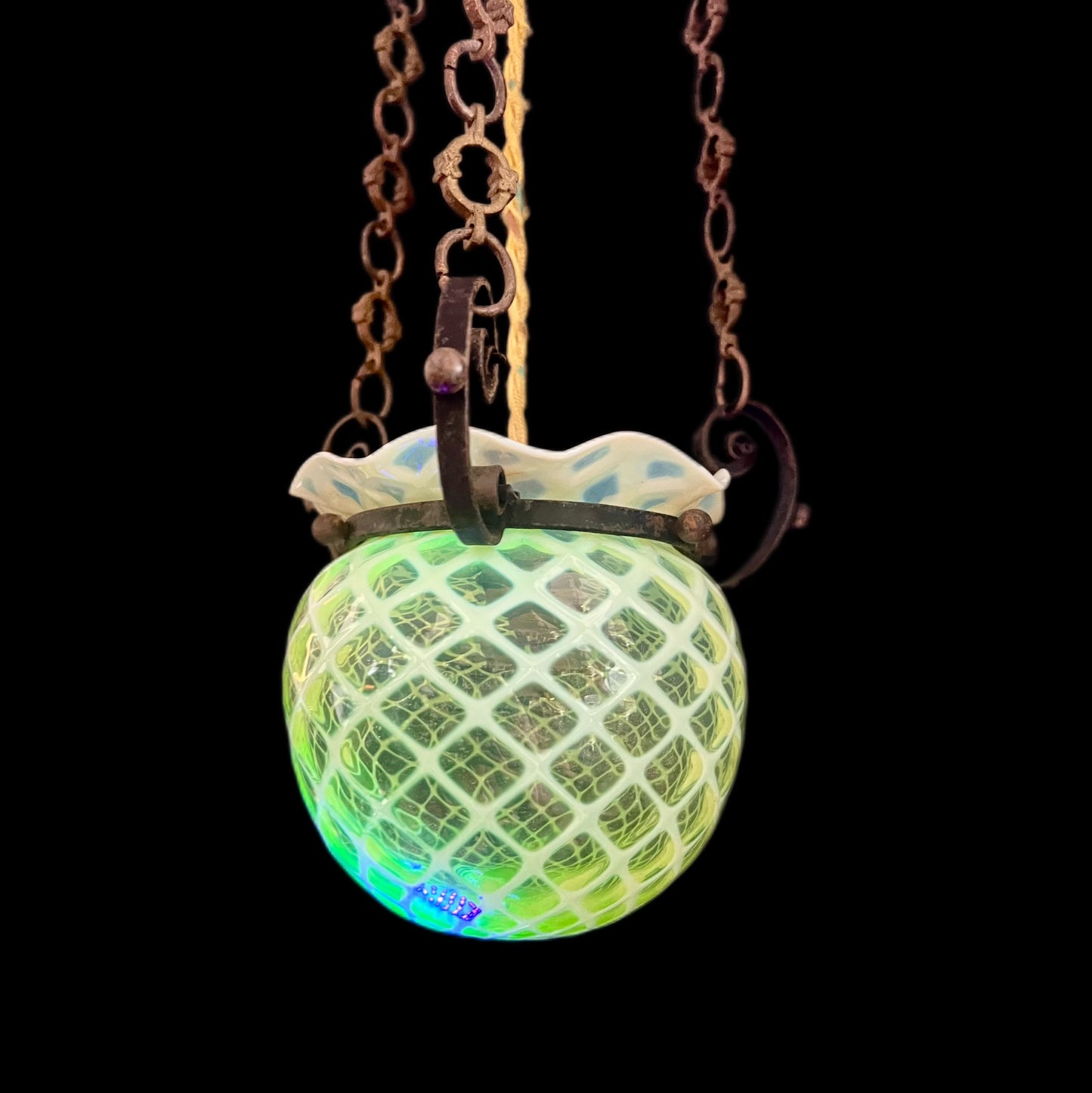 Late Victorian to early Edwardian hand-blown uranium glass and brass pendant light