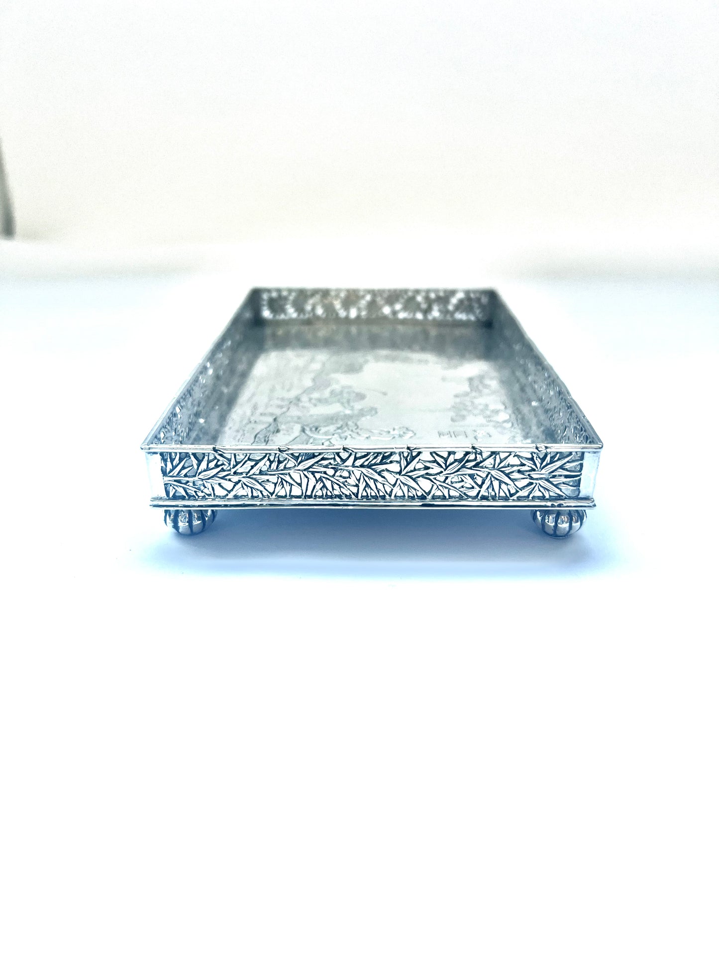 Late Qing Chinese export silver galleried trinket tray by Zhao Chang for Wang Hing, inscribed with poem by Li Bai