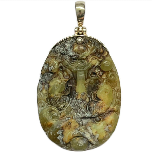 Vintage Chinese nephrite double carp and dragon jade pendant carving with sterling silver setting