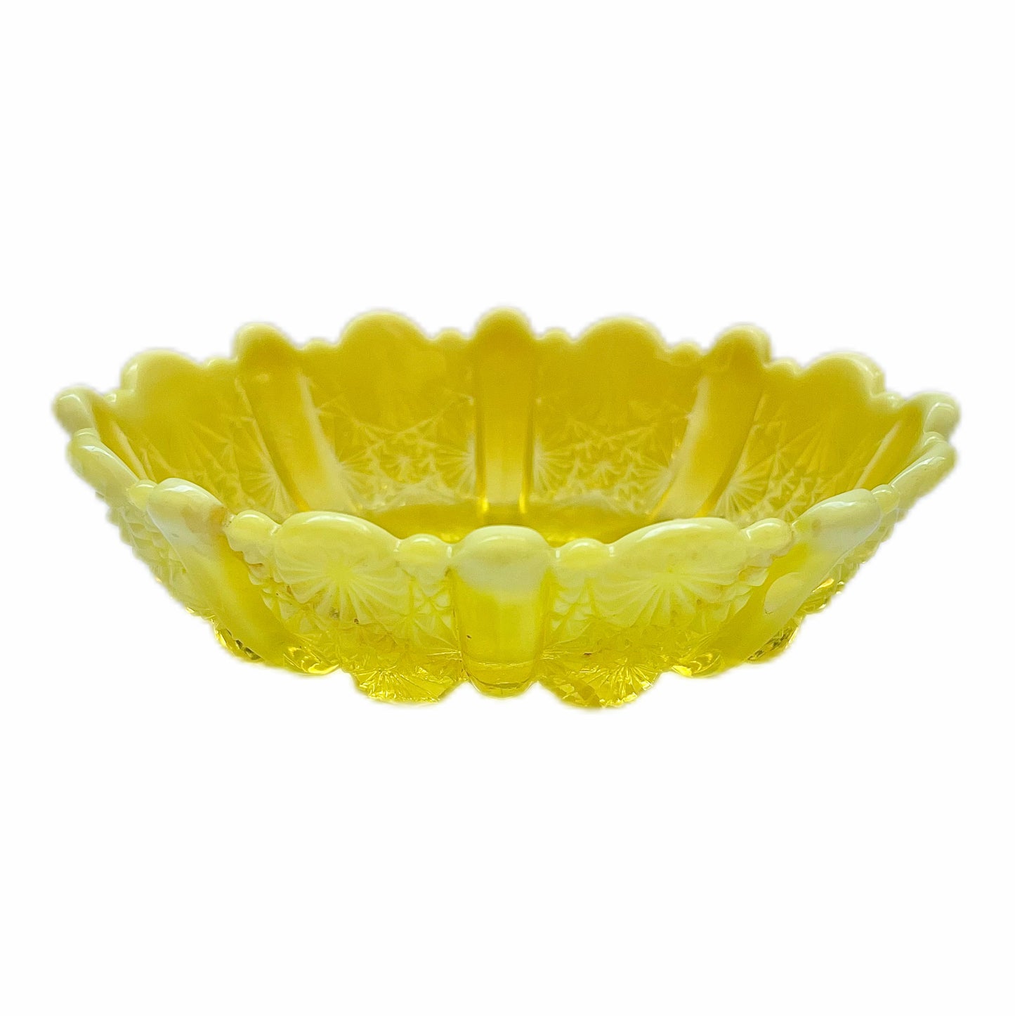 Absolutely stunning late Victorian uranium yellow vaseline glass dish circa 1890s to 1900s