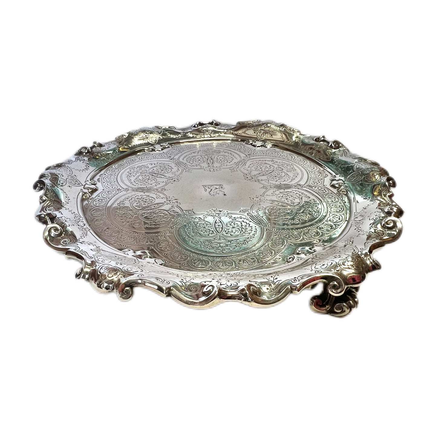 Late Victorian crested sterling silver salver, Walter & John Barnard