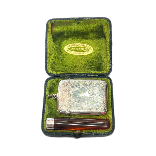 Antique English sterling silver vesta case and cigarette holder set in original case