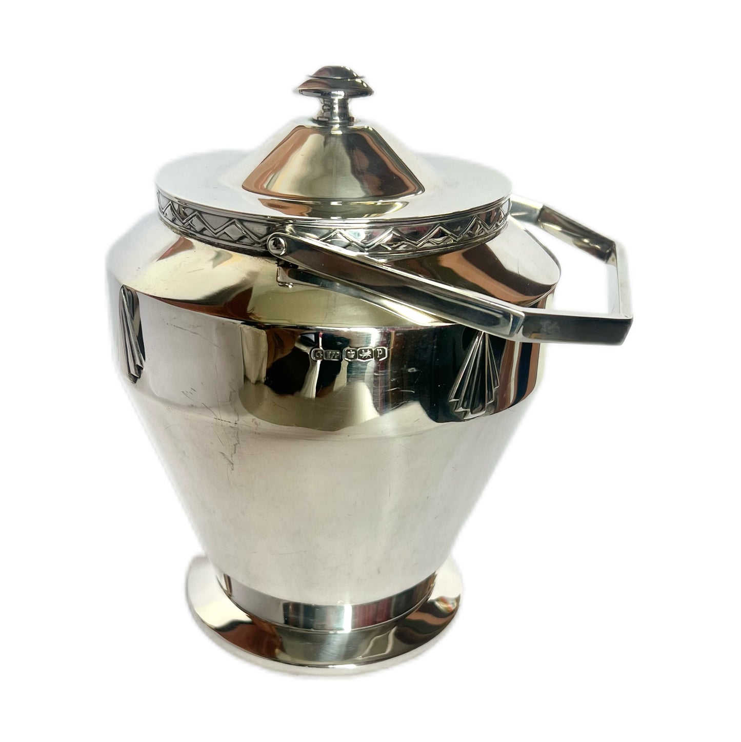 George V English Art Deco inter-war period sterling silver biscuit barrel