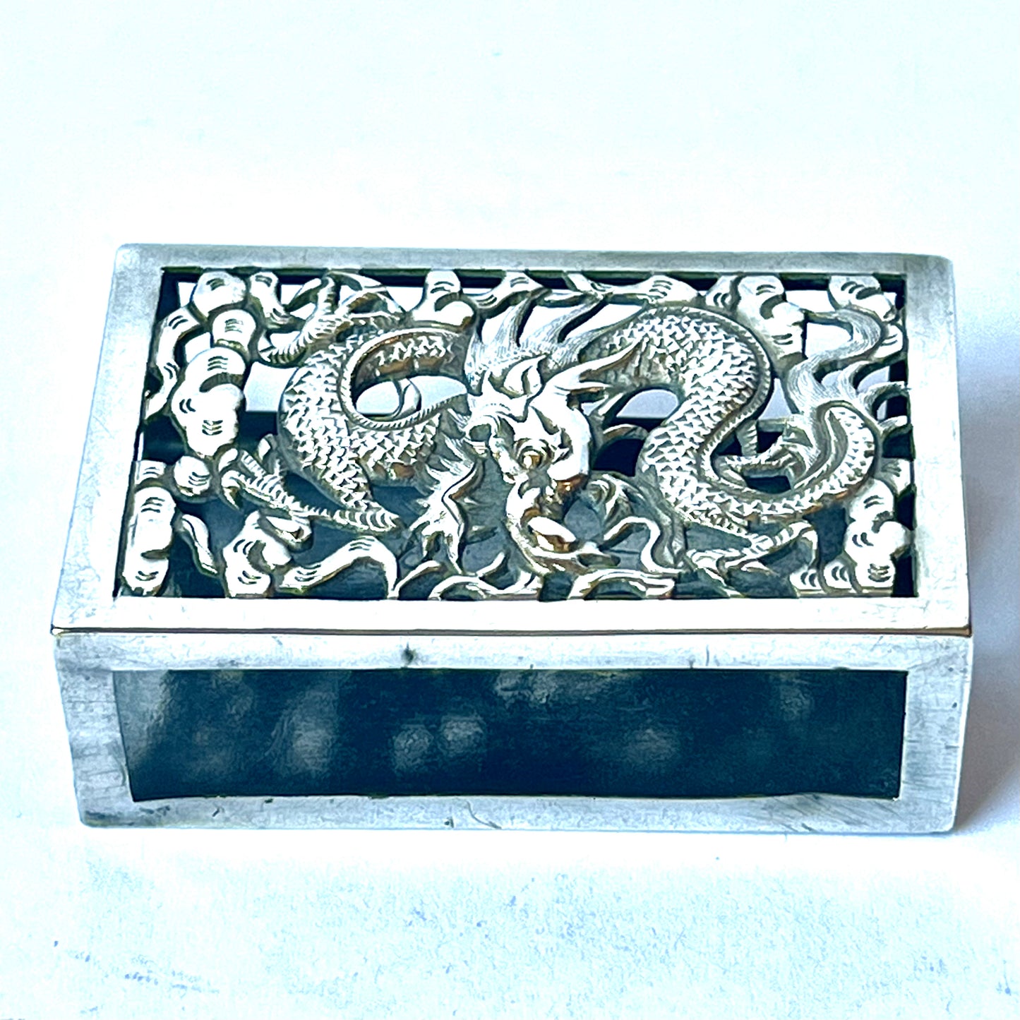 Antique Chinese export silver matchbox with dragon motif, circa 1890 to 1900s, marks for W.A., Canton