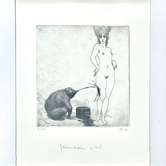 Vintage 20th century Norman Lindsay facsimile etching titled “Journalism & Art” circa 1999