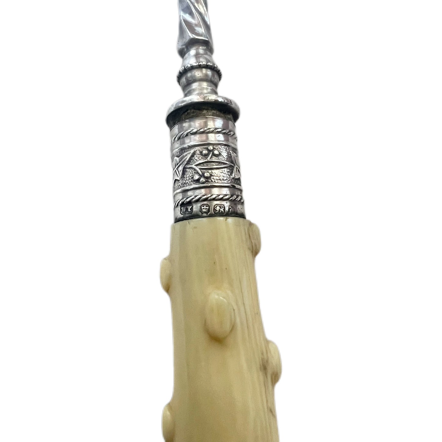 Late Victorian silver-plated and ivory faux coral handled serving fork with sterling silver ferrule by William Yates