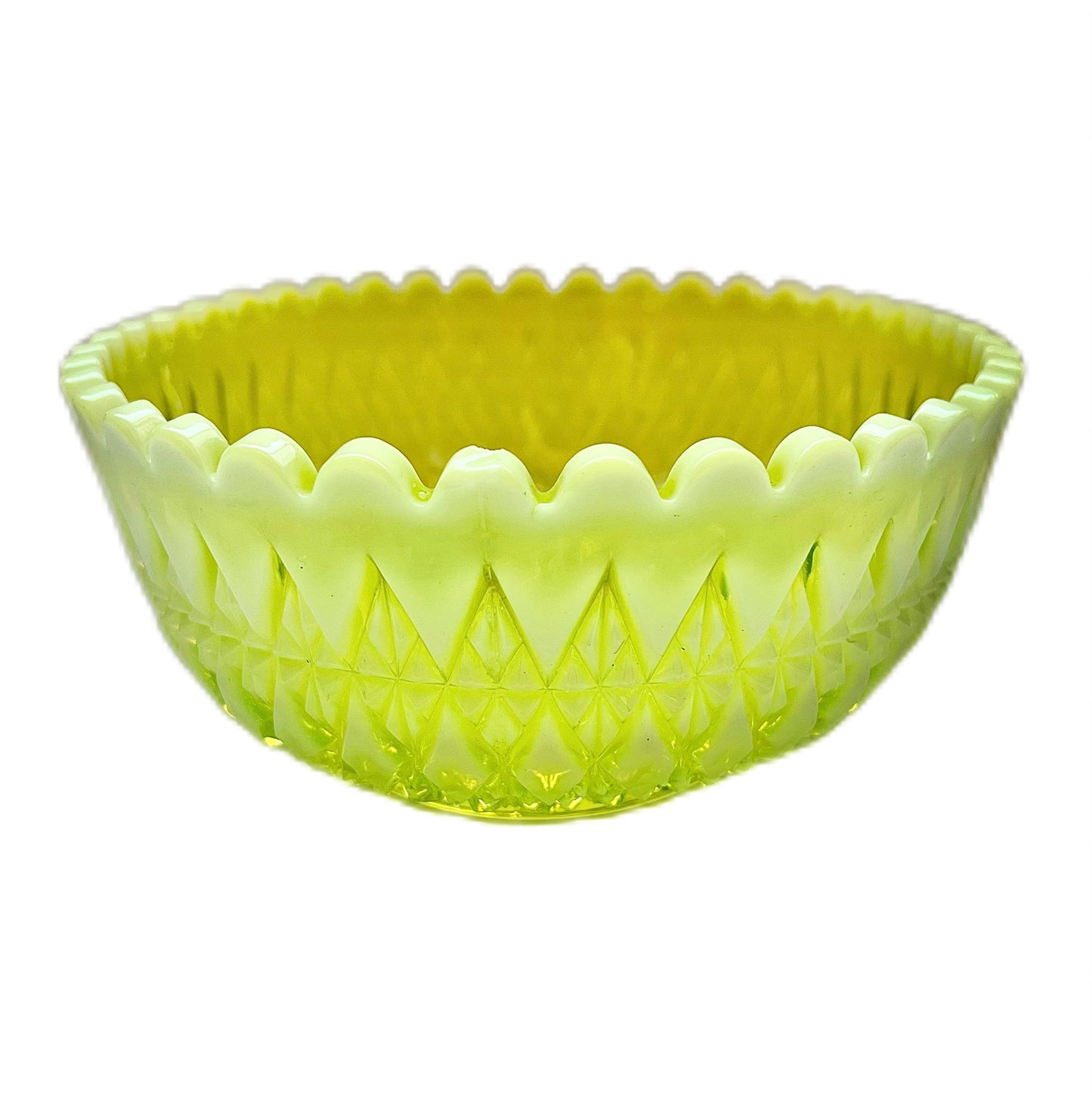 Late Victorian uranium yellow vaseline glass bowl of large size, circa 1890s to 1900s