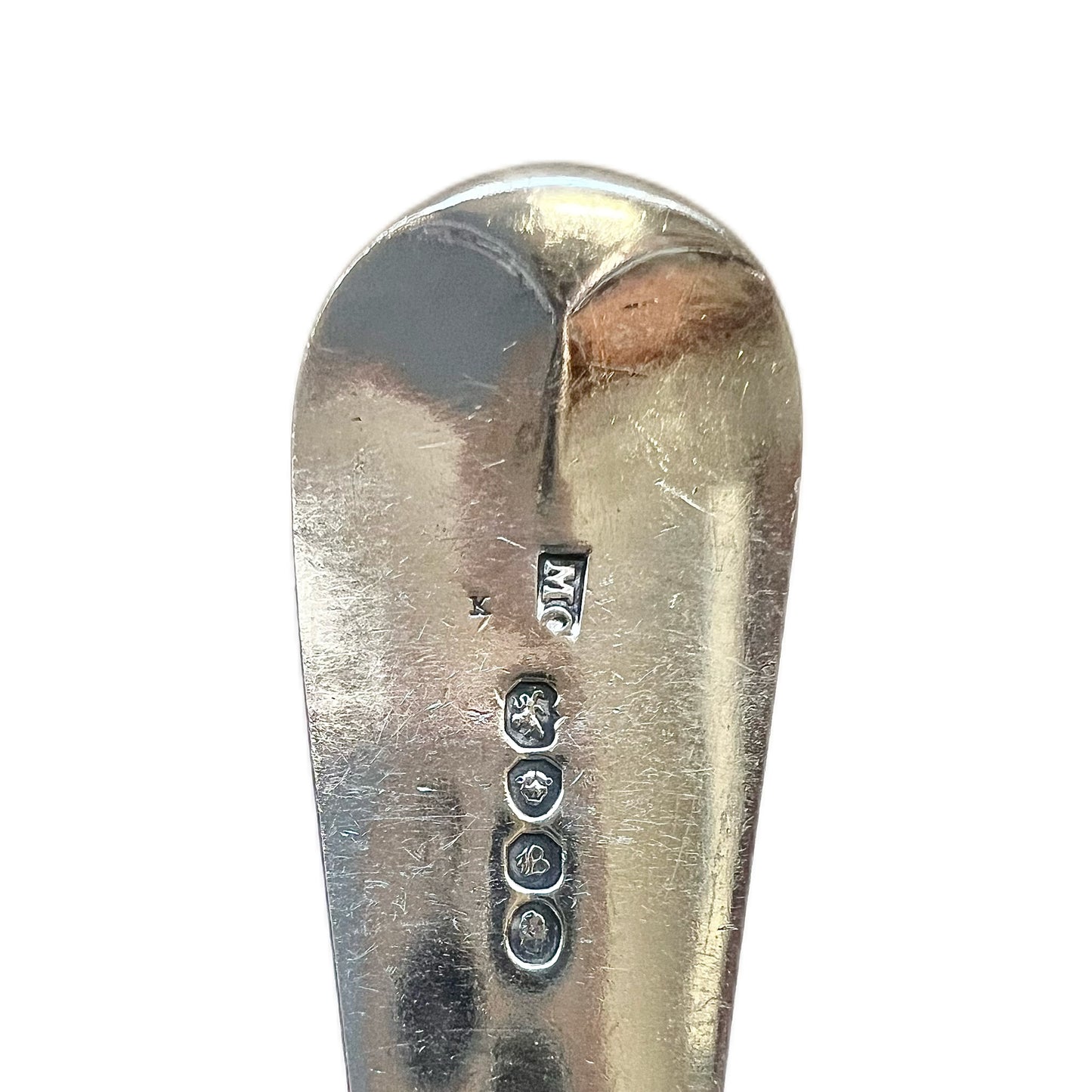 Antique William IV crested sterling silver serving spoon by Mary Chawner