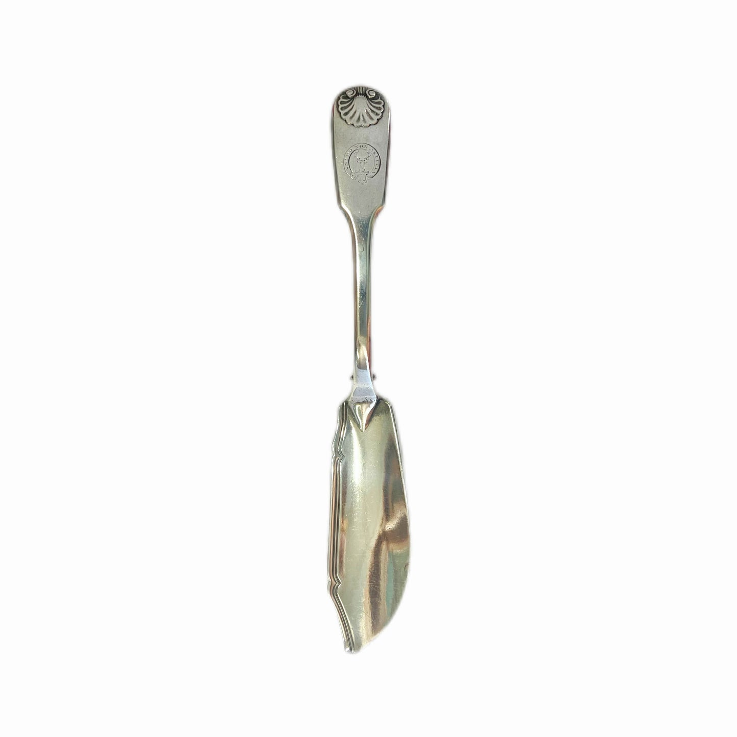 Antique William IV sterling silver butter spreader with crest of Clan Gordon