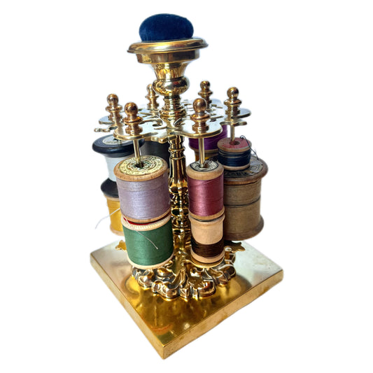 Antique 19th century High Victorian brass spool holder with original pincushion