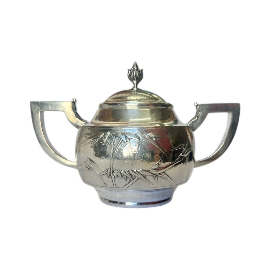 Near antique Chinese export silver 3 piece tea set with rosewood tray, estate of Shanghai Police Supt. Lovell