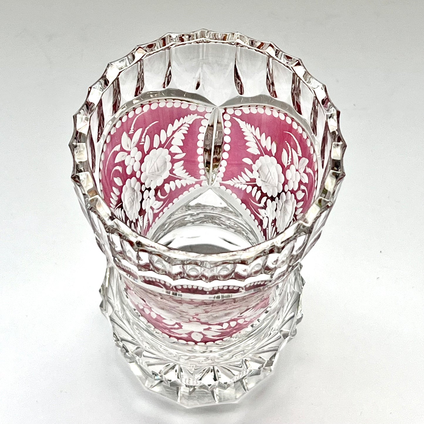 Vintage Bohemian lead crystal and etched ruby flash vase circa first half of the 20th century