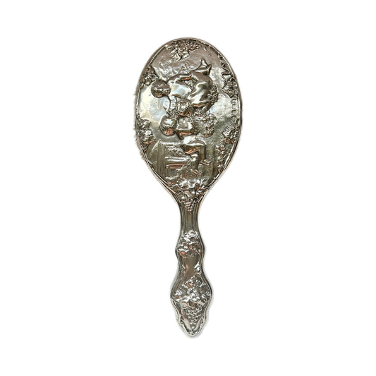 Beautiful antique English sterling silver hair brush with motifs of putti and grapes, William Aitken