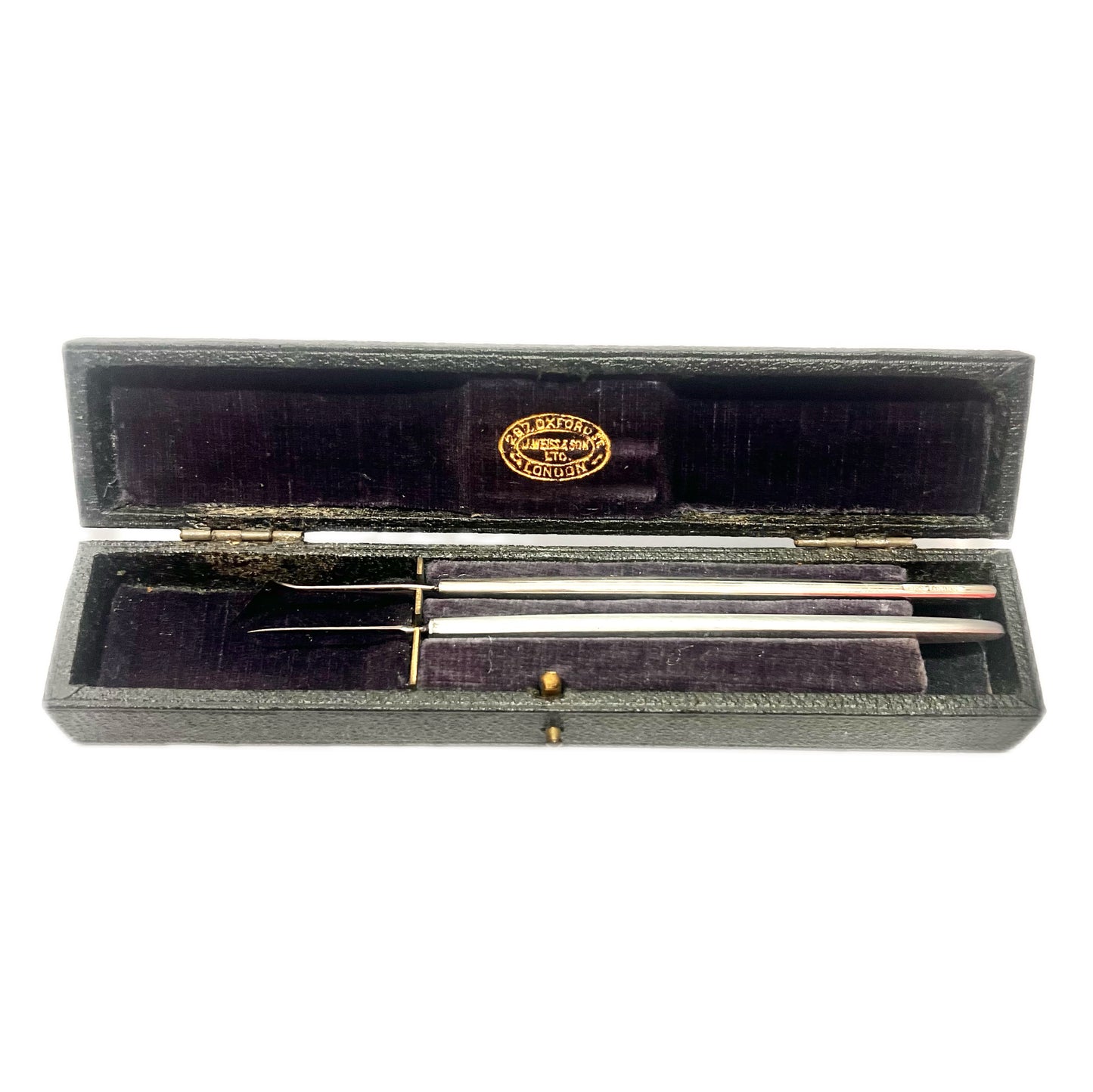 Cased set of two antique cataract surgery tools, John Weiss & Son