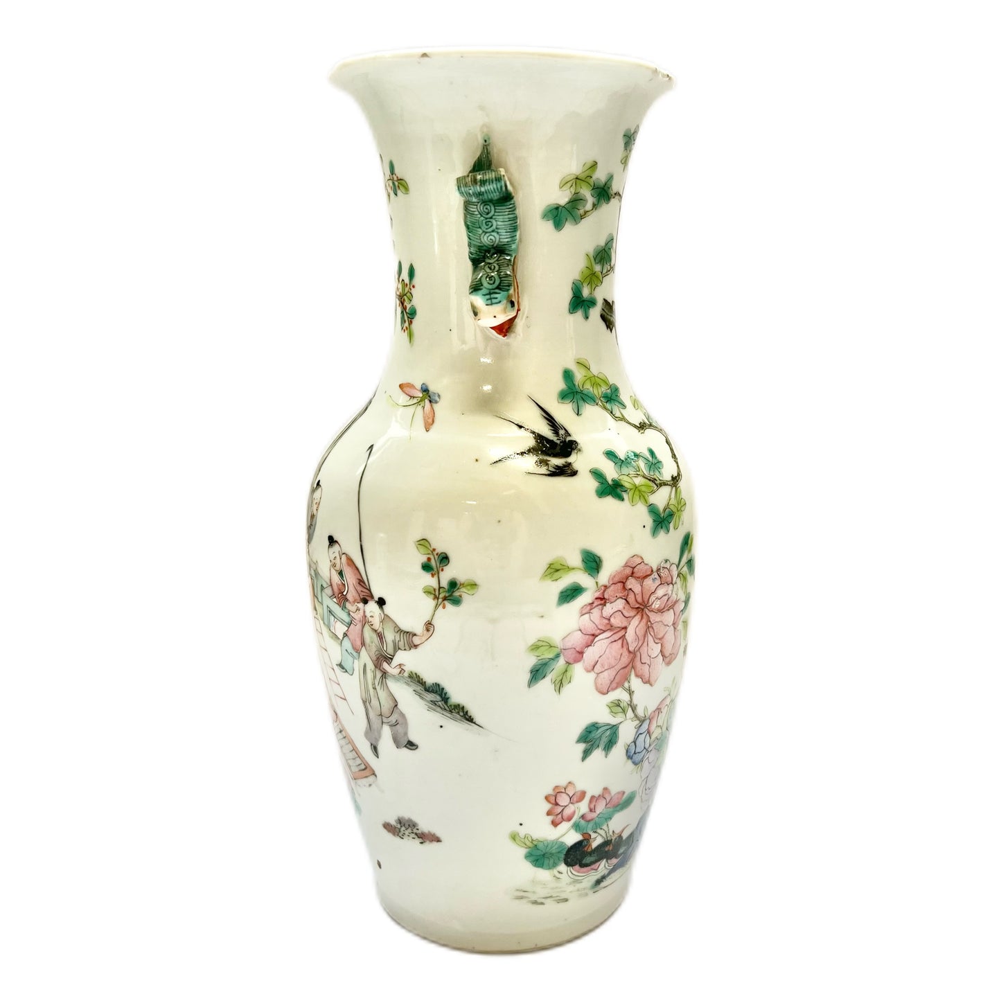 Vintage, possibly antique Chinese famille rose vase with kilin handles