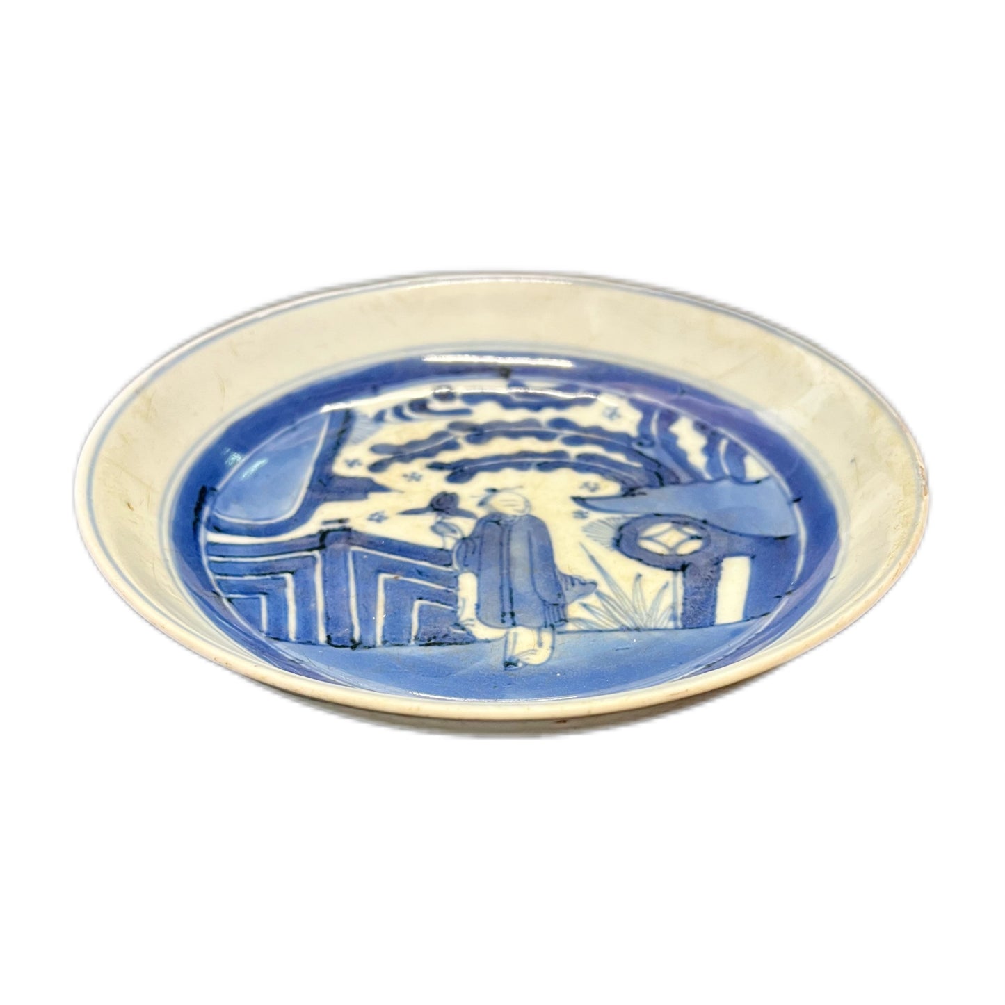 Early 18th century Kangxi period scholar in courtyard motif dish