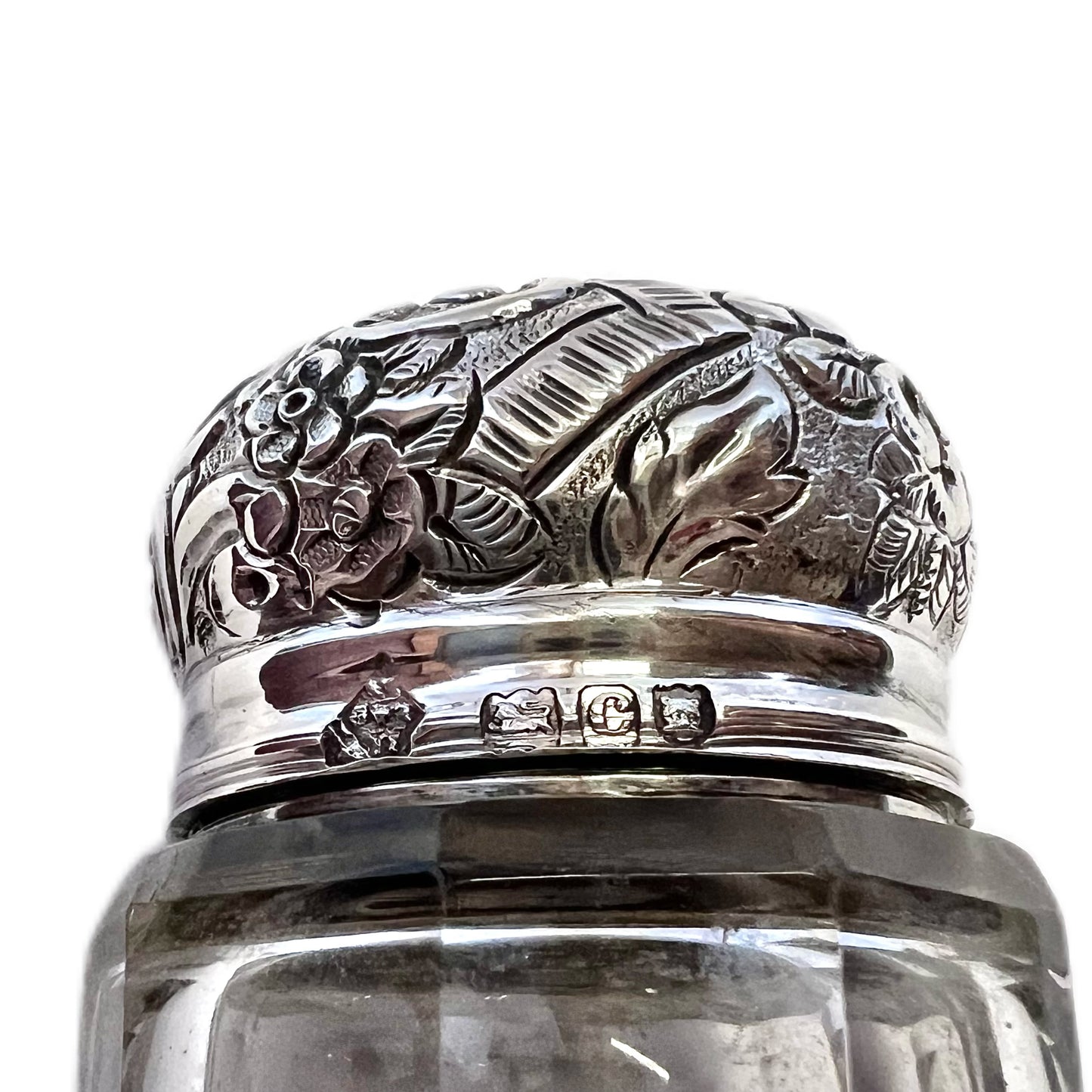 Antique Victorian sterling silver and cut glass scent/toiletry bottle