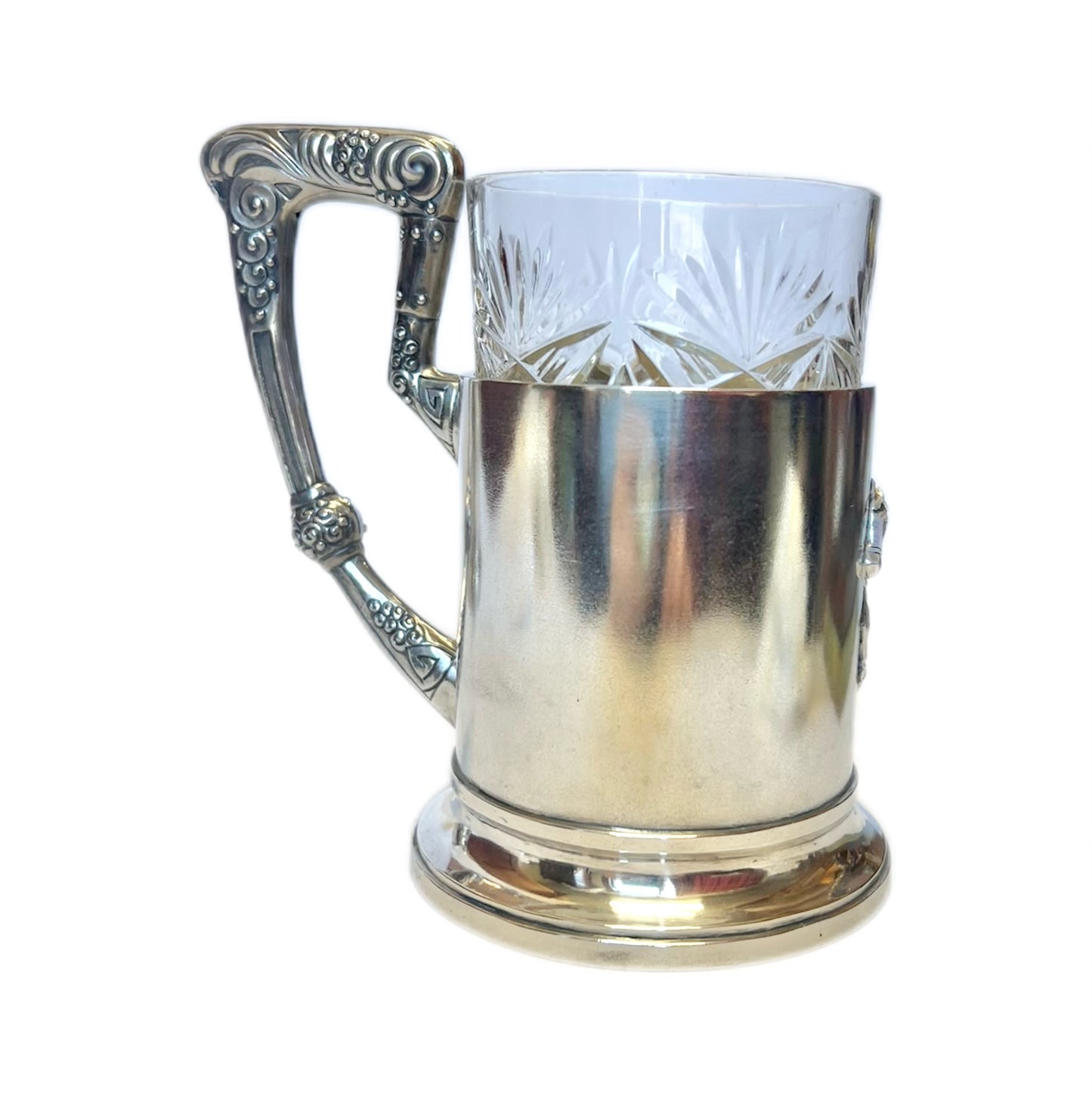 Antique Russia .875 silver Troika podstakannik tea glass holder with original glass