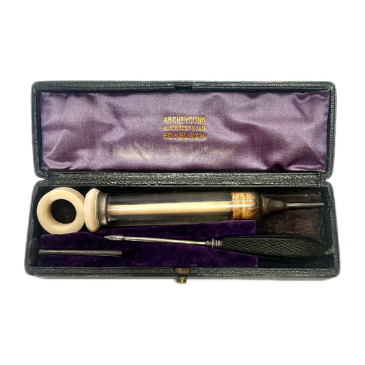 Rare antique19th century ivory and glass hydrocele syringe with original fittings and case