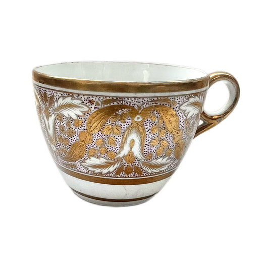 Lavender Paisley Regency period Minton hard paste porcelain Bute shaped teacup with ringhandle